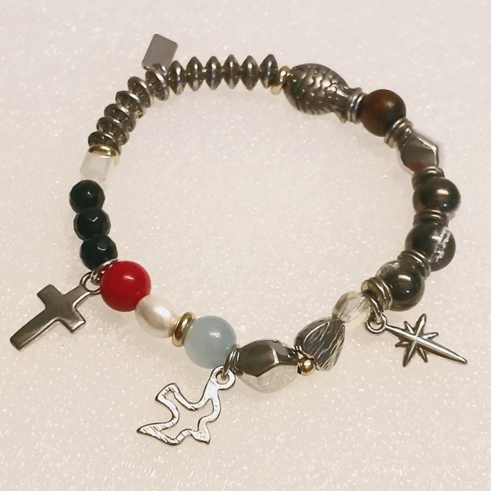 Love Of Christ Story Silver Tone Multicolor Acrylic Beads Stretch